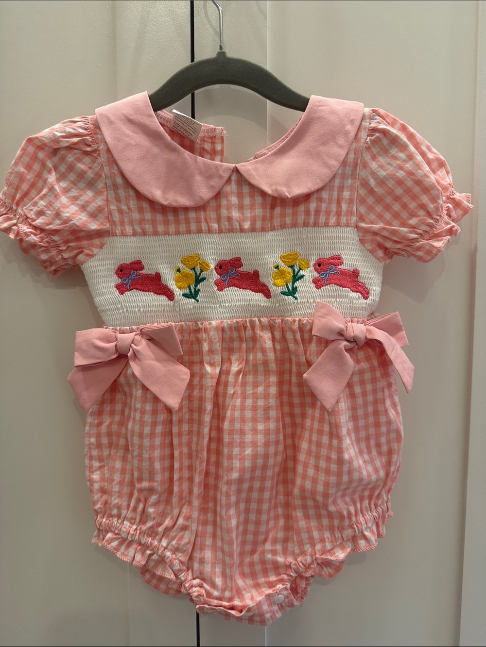 Pink Gingham Smocked Baby Romper with Bunny & Flower Embroidery